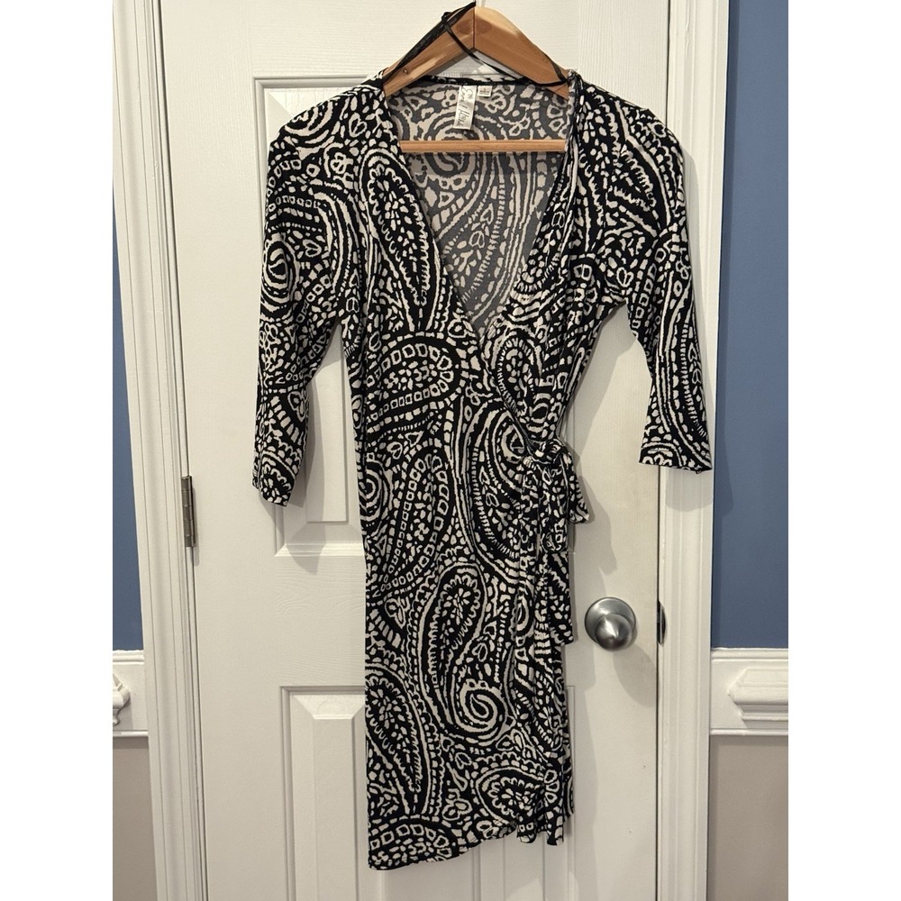 Emma & Michele Black White Paisley Wrap Dress V-Neck 3/4 Sleeve L spring office
